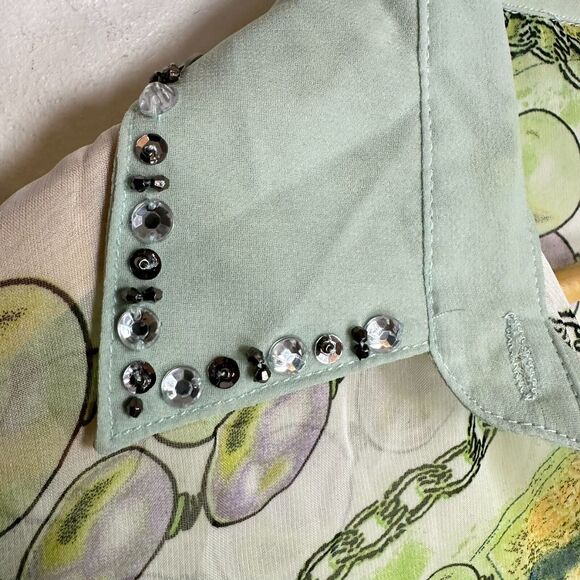 Vintage 90's Y2K Feline silk blend sheer button top green button up collar Small - Picture 4 of 13